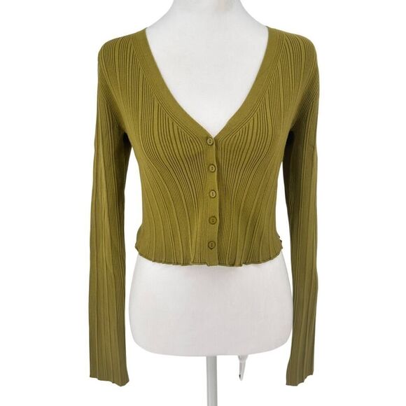 NWT Velvet by Graham & Spencer Ribbed Crop Cardigan Sz Medium Pistachio Green - Picture 1 of 12